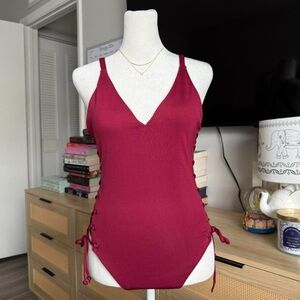 maroon lace up one piece swimsuit